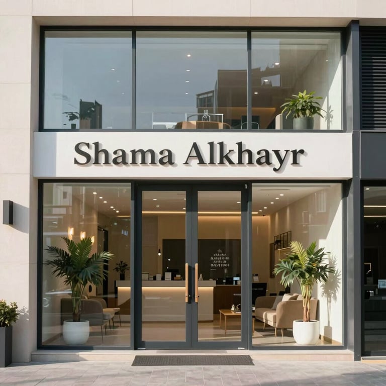 The bright and welcoming entrance of the Shama Alkhayr boutique, featuring a modern glass facade and minimalist branding.