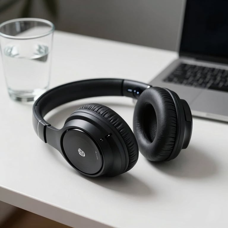 A professional close-up of wireless noise-canceling headphones resting on a sleek white desk next to a glass of water.