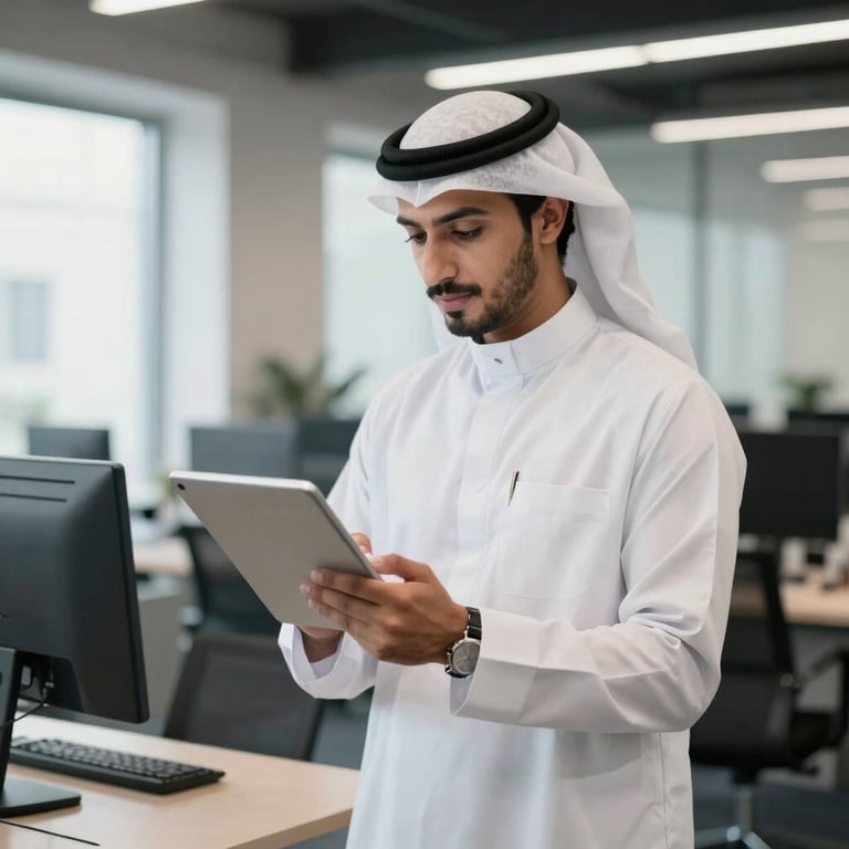 A stylish individual in modern Middle Eastern professional attire interacting with a tablet in a bright, tech-oriented office space.