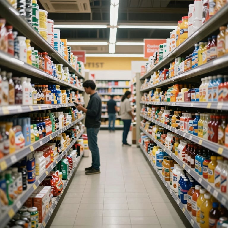 A busy, modern retail supermarket aisle in South Asia / India, representing FMCG and retail, well-lit and organized.