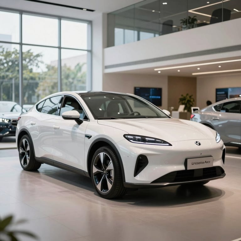 A sleek, modern automobile showroom in a South Asian / Indian city, representing the automotive sector, soft lighting, premium white and gray palette.