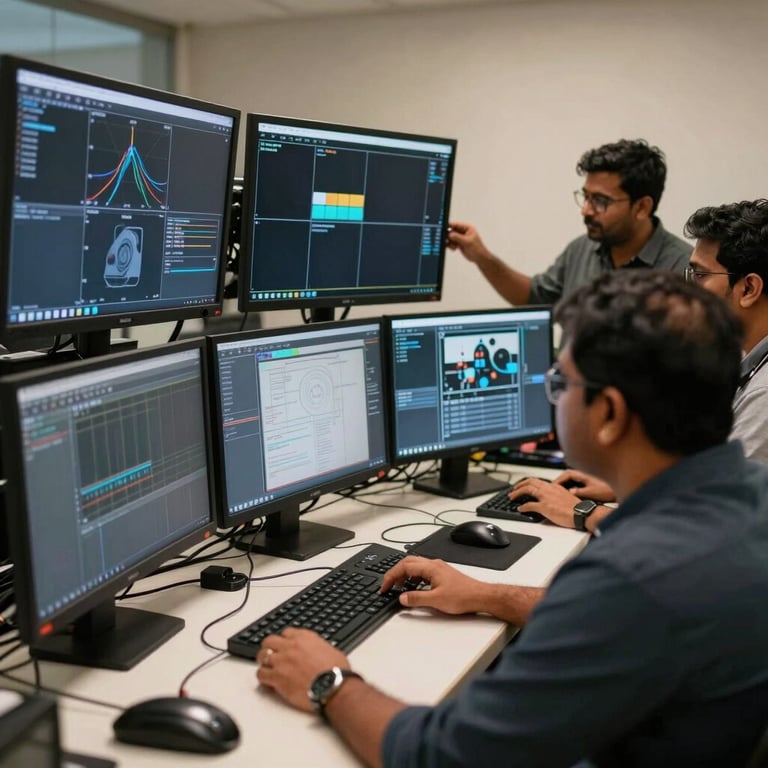 A professional South Asian / Indian media team working with broadcast equipment and digital screens, representing media and telecom.