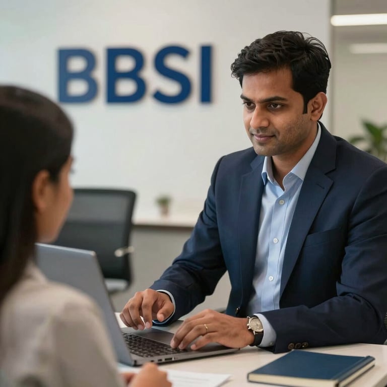 A sophisticated banking environment with a South Asian / Indian financial advisor assisting a client, representing BFSI, deep navy tones.