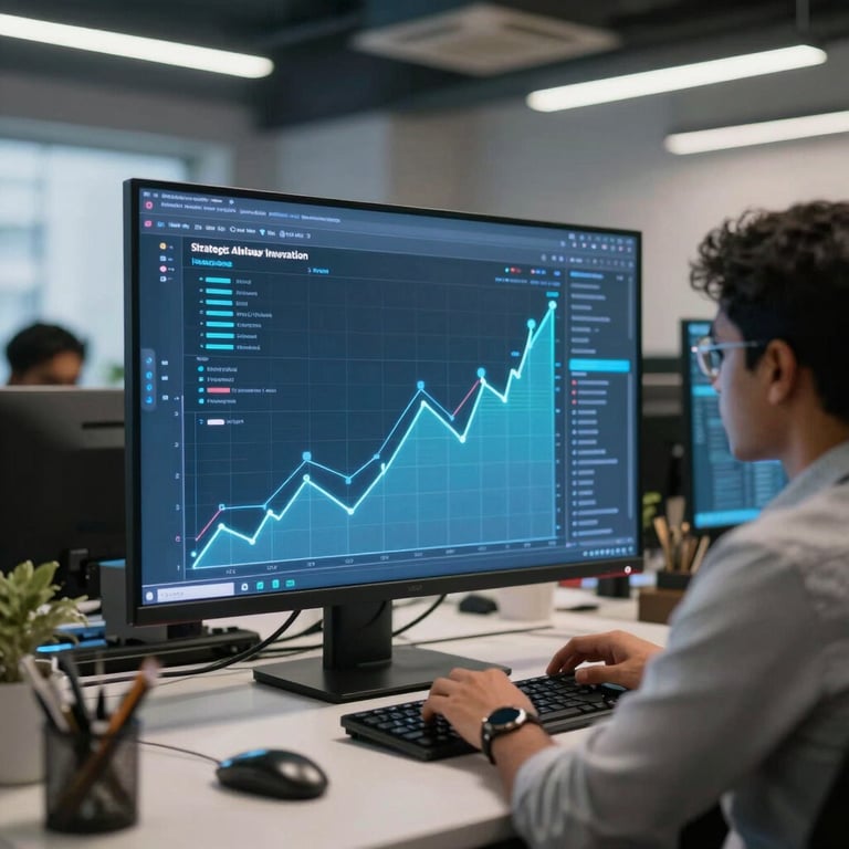 A dynamic, modern fintech workspace in India, showing a glowing digital financial graph with a focus on strategic advisory and innovation.