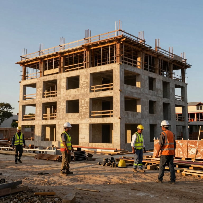 A South African building site with workers in professional safety gear during the golden hour.