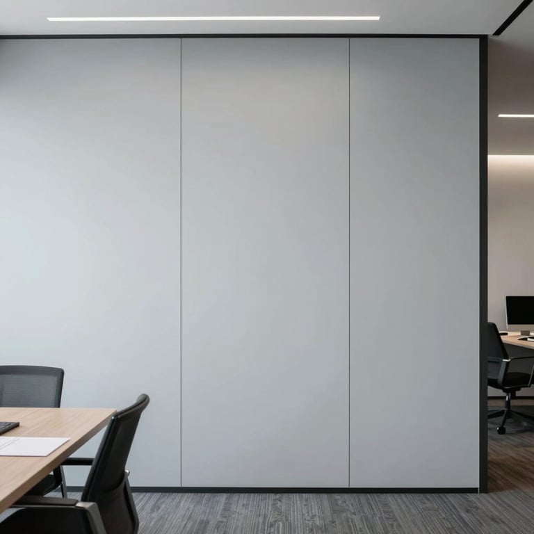 A modern, minimalist office interior in Cape Town with light grey walls.