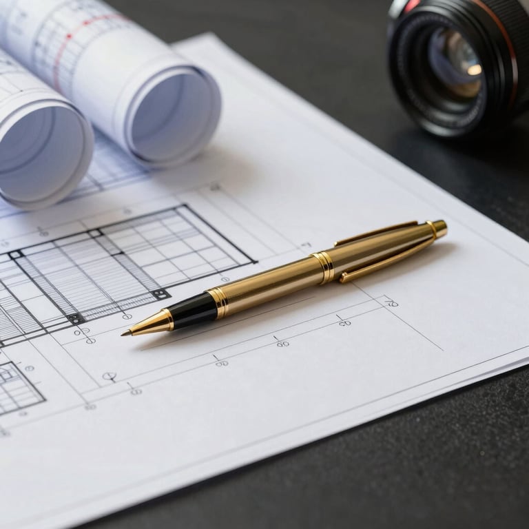 A close-up of a construction blueprint on a black table with a gold pen.