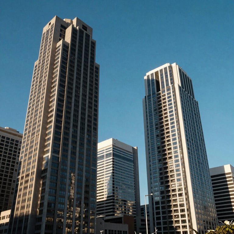 Modern skyscrapers in a South African business district under a clear blue sky.