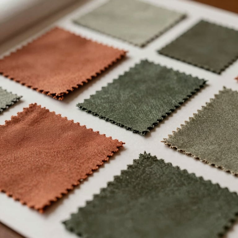 Close-up of a designer mood board with fabric swatches in terracotta and olive green, warm diffused natural light, editorial framing.
