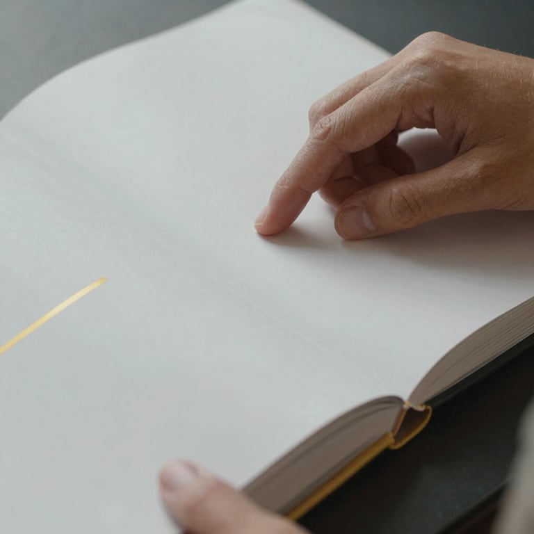 A person's hands delicately flipping through a high-quality art book, showcasing premium paper texture and clean layout, light grey and gold palette.