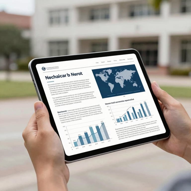 A modern tablet displaying a digital scientific journal with interactive charts, held in a Southeast Asian university setting, soft focus background.