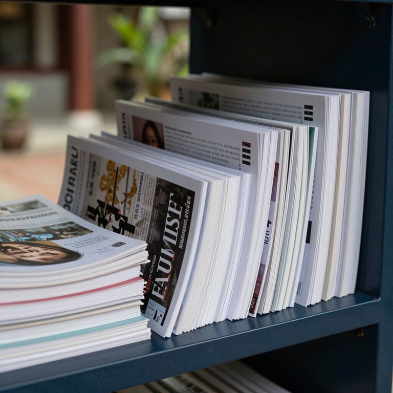 An array of printed research journals stacked neatly on a dark navy shelf, soft natural lighting from a Southeast Asian courtyard.
