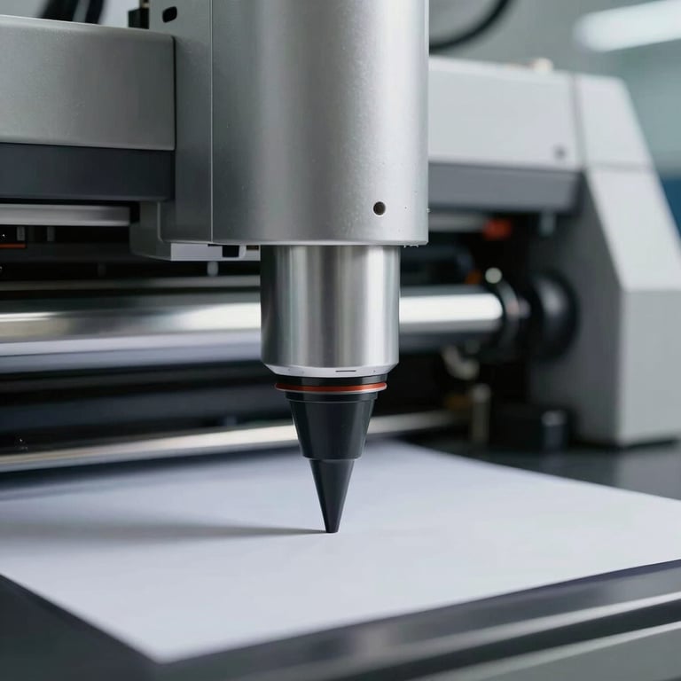 Macro photography of a modern printing nozzle applying ink to paper in a state-of-the-art facility, industrial yet clean aesthetic, silver and charcoal colors.
