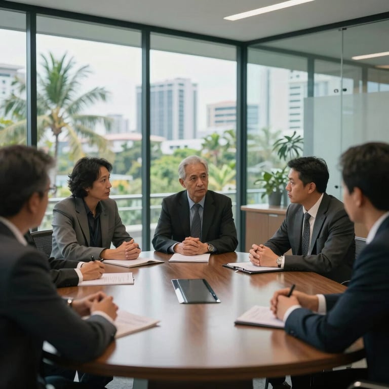 A group of scholars engaged in a serious discussion in a glass-walled conference room with views of a tropical cityscape, modern and professional.