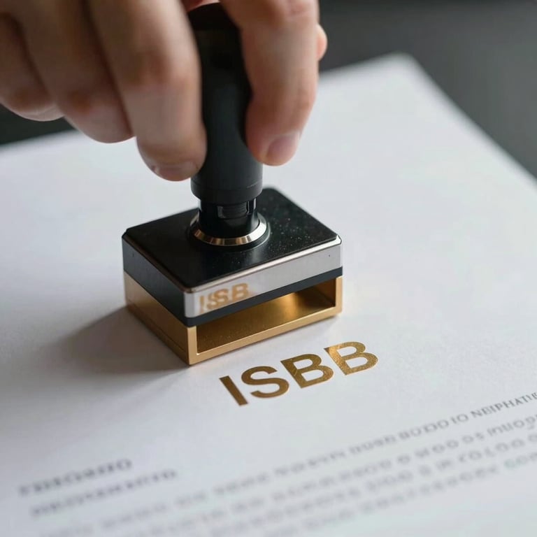 Close-up of a hand stamping an official document with gold ink, representing ISBN registration, professional lighting, minimalist composition.