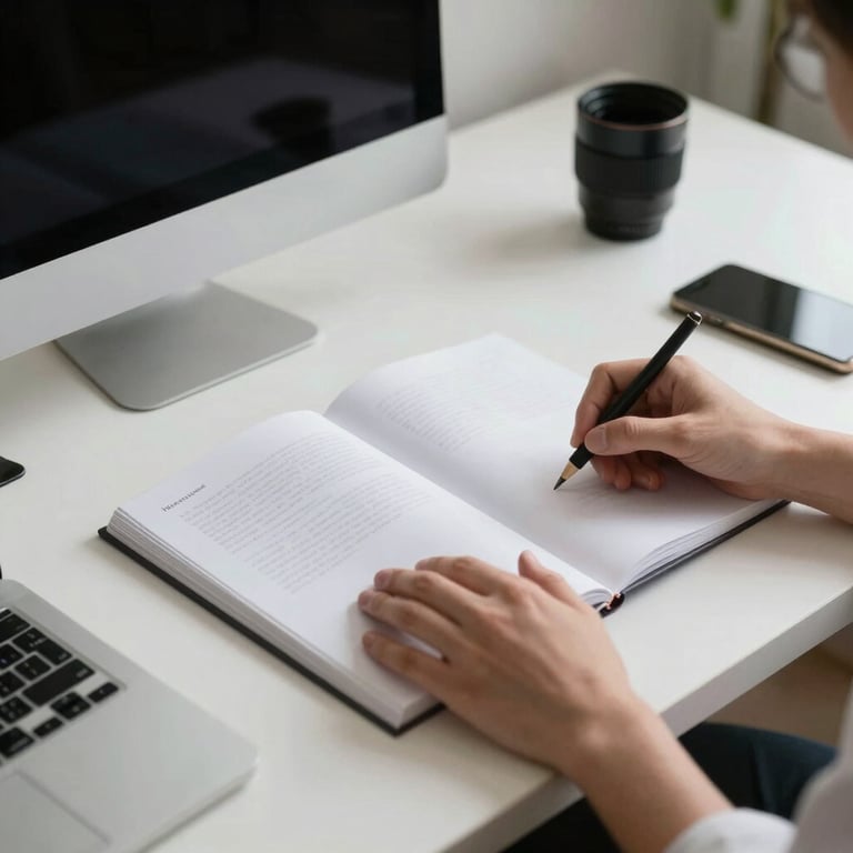 A minimalist workstation featuring a focused designer working on a book cover concept, clean lines, professional atmosphere in Southeast Asia.