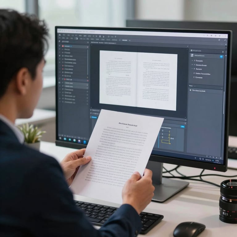 A professional over-the-shoulder shot of an editor reviewing a manuscript on a high-resolution screen in a sleek, modern office in Southeast Asia, navy and silver tones.