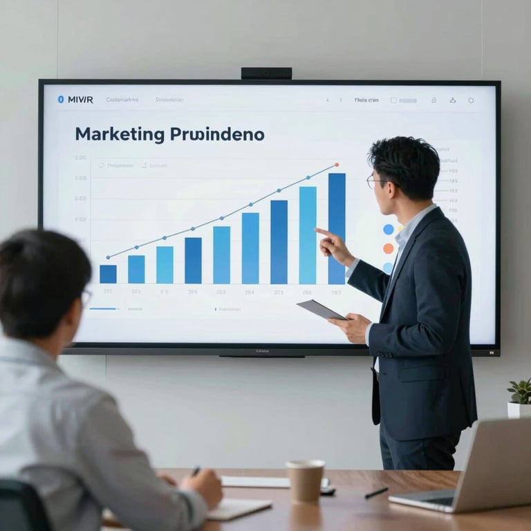 Two professionals reviewing marketing metrics on a large screen in a bright boardroom.