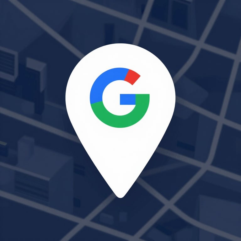 A Google Business Profile map pin icon over a stylized urban map in navy tones.