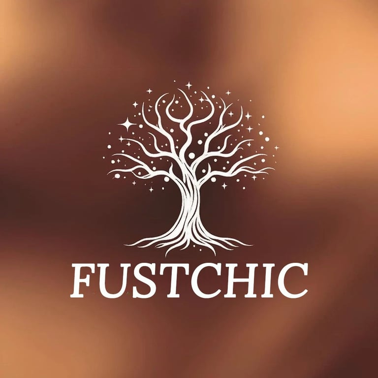 Elegant white mystical tree of life logo with stars above FUSTCHIC text on a brown background.