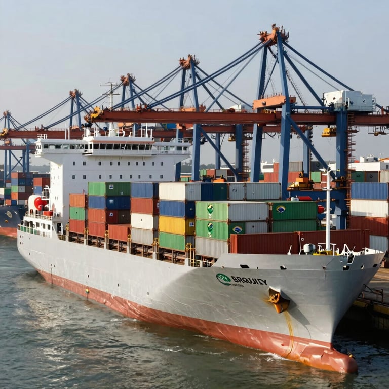 A modern global trade port with eco-friendly cargo vessels loading Brazilian bioeconomy products for export, sharp contrast, professional photography.