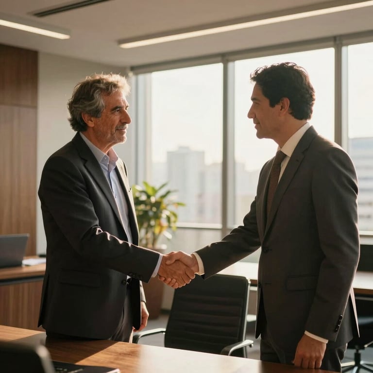 An international corporate consultant shaking hands with a South American agribusiness leader in a sleek, sunlit office in São Paulo, warm gold sunlight, executive atmosphere.