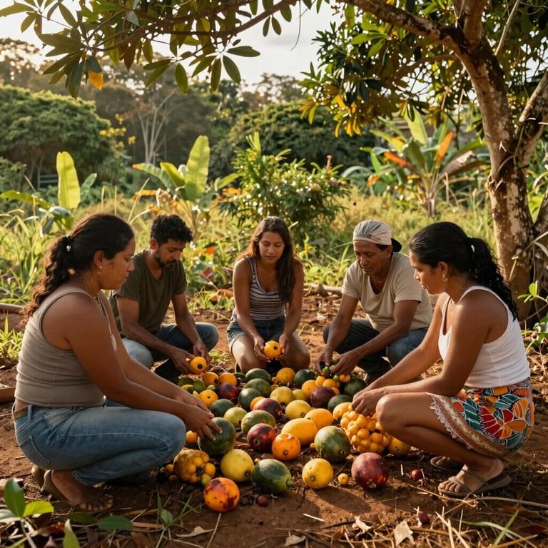 Sustainable harvesting of native Cerrado fruits by local community partners in Brazil, captured in warm gold sunlight with lush natural vegetation.
