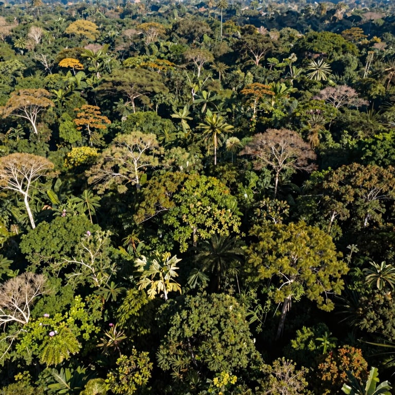 Aerial view of a pristine canopy in the Amazon rainforest showcasing dense biodiversity under brilliant natural sunlight, evoking environmental wealth and conservation.
