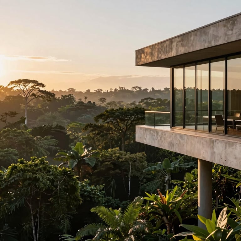 A South American executive team in a modern glass boardroom with warm gold detailing, discussing sustainable bioeconomy strategy with international investors, professional photography.