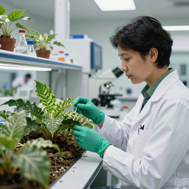 A high-tech research laboratory studying Amazonian flora for global market applications, clean white and emerald green accents, professional Brazilian researcher working.