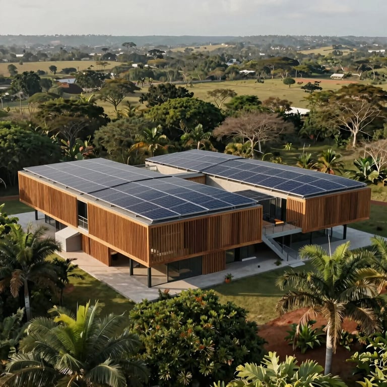 A modern architectural sustainable facility integrated into a tropical Cerrado landscape, solar panels and timber design, soft natural lighting.