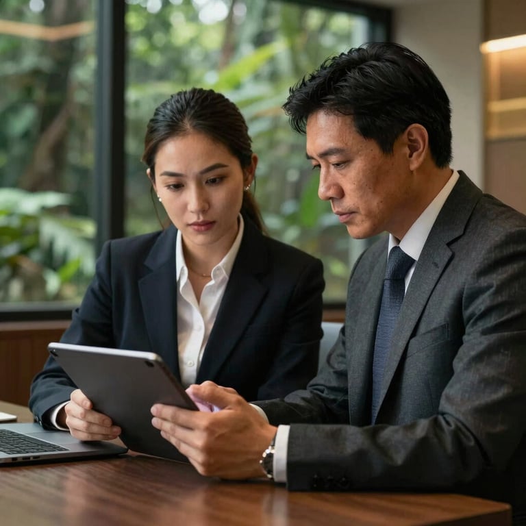 Two South American business leaders looking at financial growth reports on a tablet in a high-rise executive office, forest green background elements and warm gold accents.