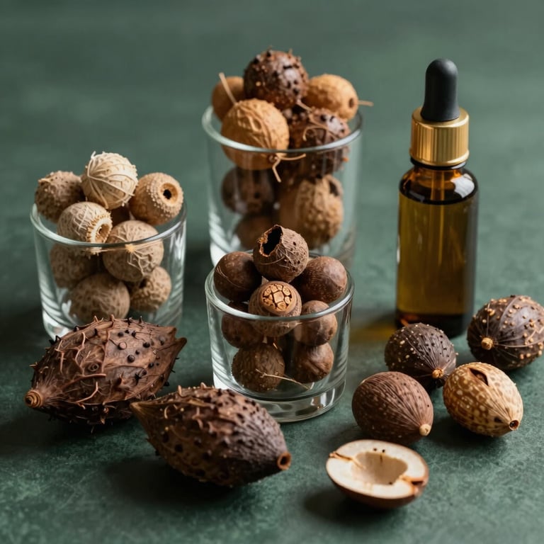 Close-up of native Brazilian sustainable raw materials like Amazonian nuts and Cerrado oils elegantly presented in modern minimalist glass containers on a dark forest green surface.