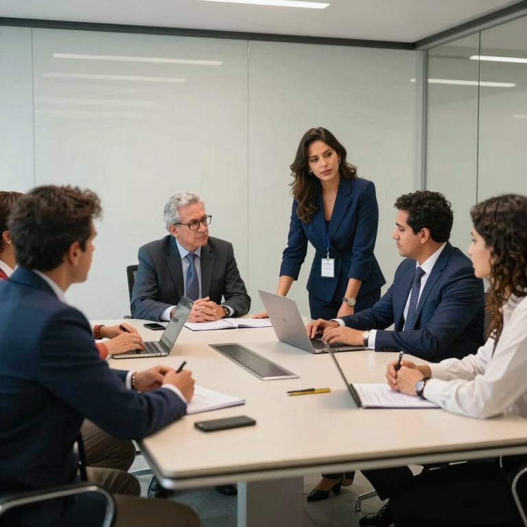 South American / Brazilian team collaborating in a glass-walled conference room, deep blue and pale off-white color scheme.