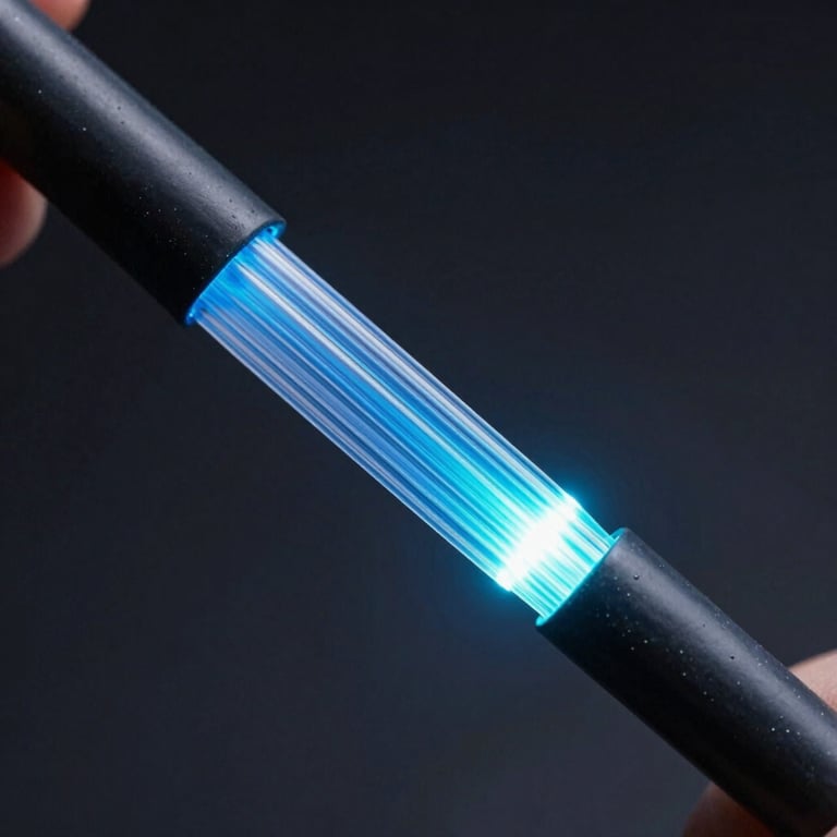 Macro shot of a sleek fiber optic cable glowing with light blue energy on a dark background.