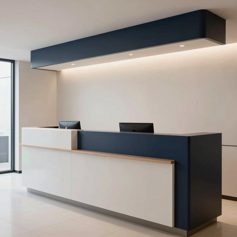 A modern corporate reception area in Brazil, minimalist design, pale off-white walls, dark navy accents.