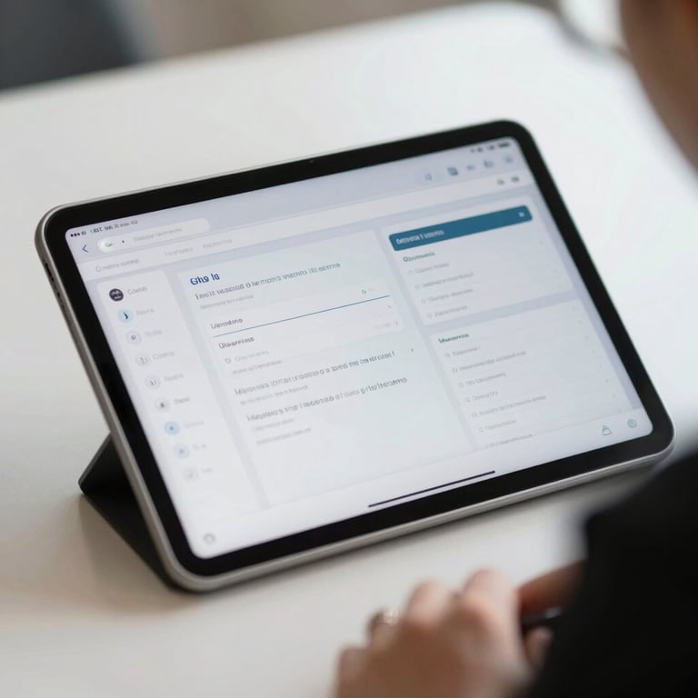 Close-up of a digital tablet showing a communication dashboard in a bright professional setting.