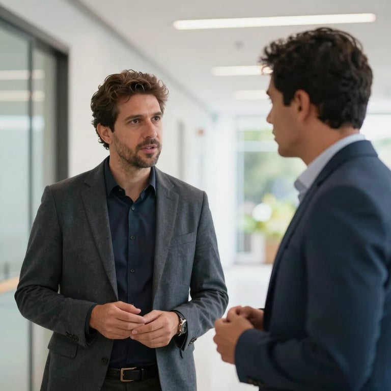 Two South American / Brazilian colleagues sharing a professional insight in a brightly lit, modern hallway.