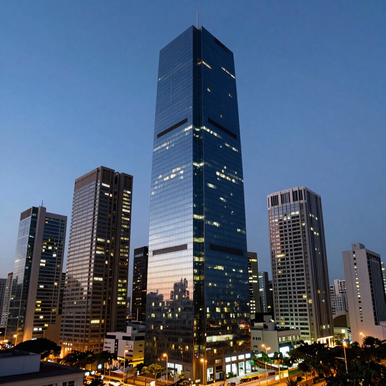 A wide shot of a modern skyscraper at dusk in a Brazilian business district, illuminated with deep blue lights.