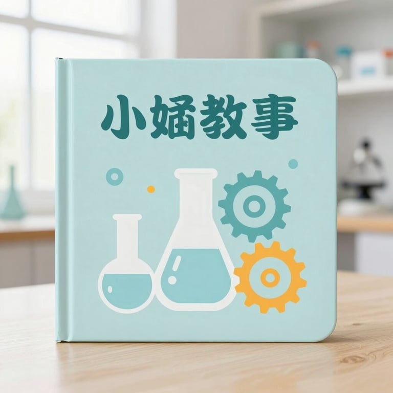 Kids book cover with simple science lab flasks and gears, clean editorial photography, bright pastel tones, square