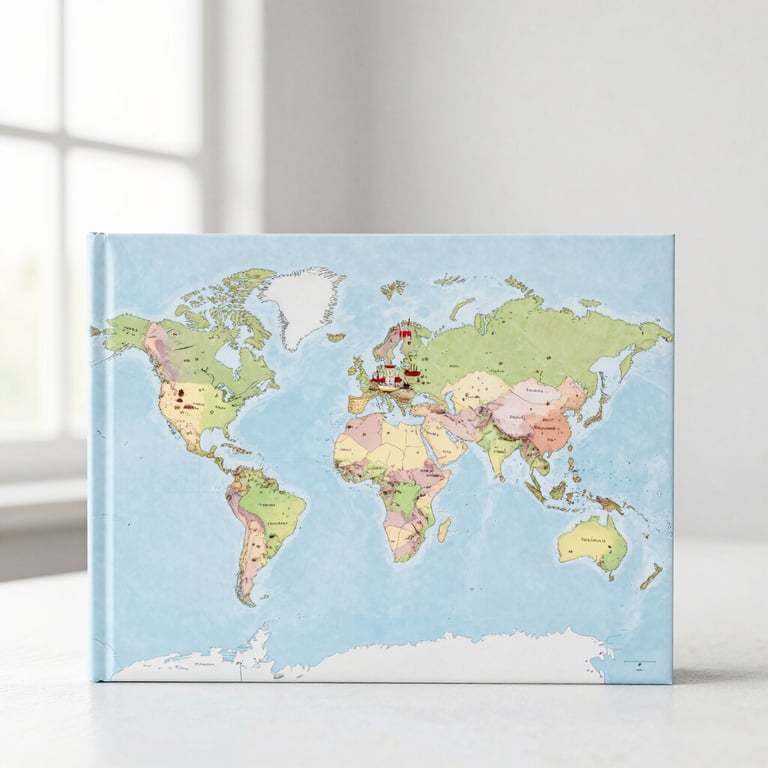 Charming book cover showing a world map with historical castles and ships, clean editorial photography, bright pastel tones, square