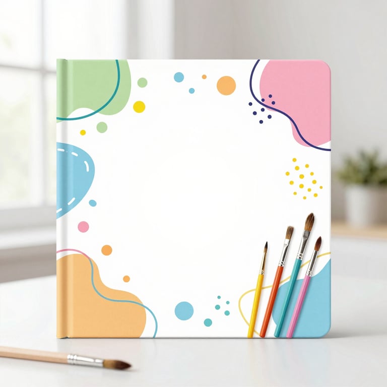 Artistic kids book cover with abstract colorful lines, shapes, and paint brushes, clean editorial photography, bright pastel tones, square