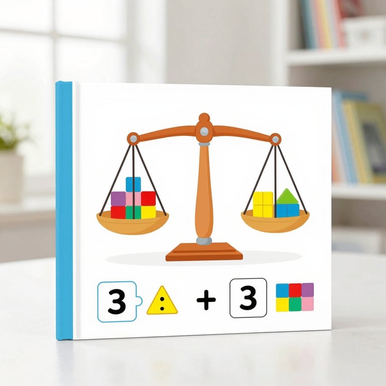 Kids book cover with math puzzles, scales, and colorful blocks, clean editorial photography, bright pastel tones, square