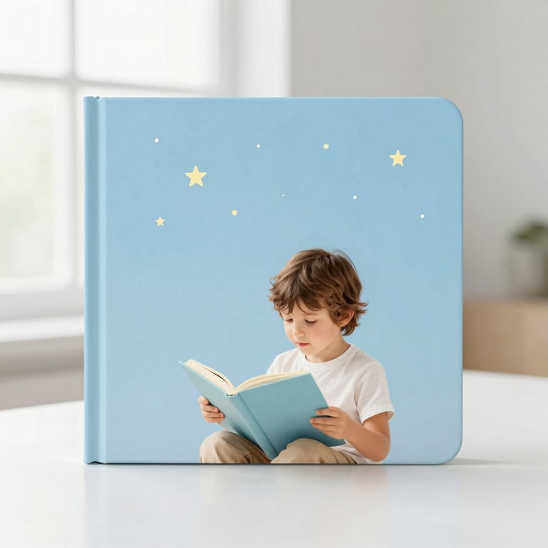 Elegant kids book cover with a child reading under a starry sky, clean editorial photography, bright pastel tones, square