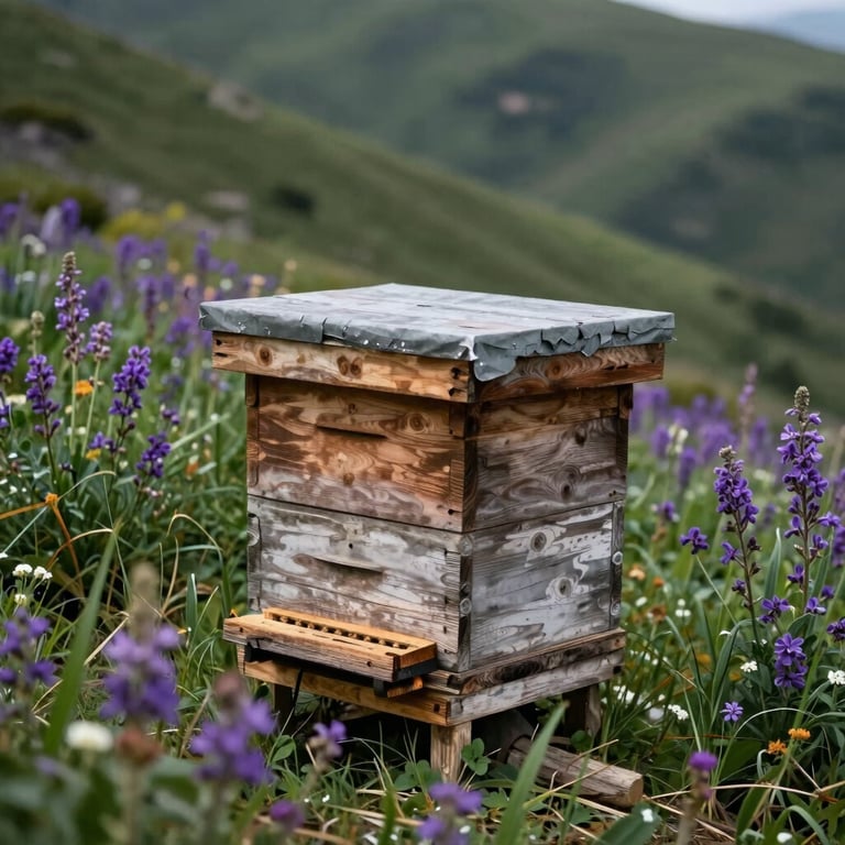 Traditional Albanian wooden beehives sitting on a lush mountain slope surrounded by purple wildflowers.
