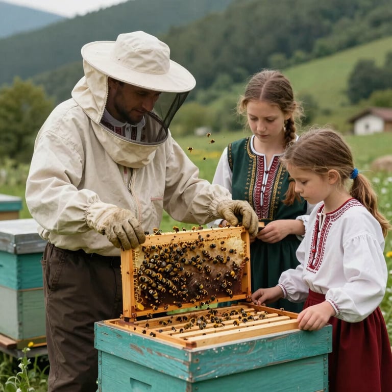 A family beekeeper in traditional attire tending to the hives, Southeastern European / Albanian setting.