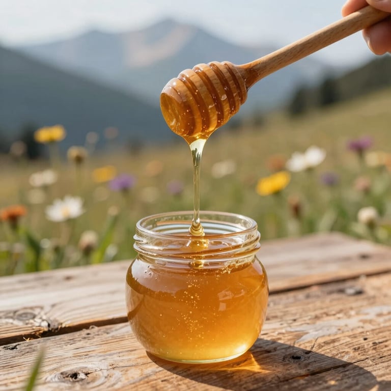 A 100ml airport-friendly glass jar of amber honey tied with a simple twine ribbon on a cream surface.