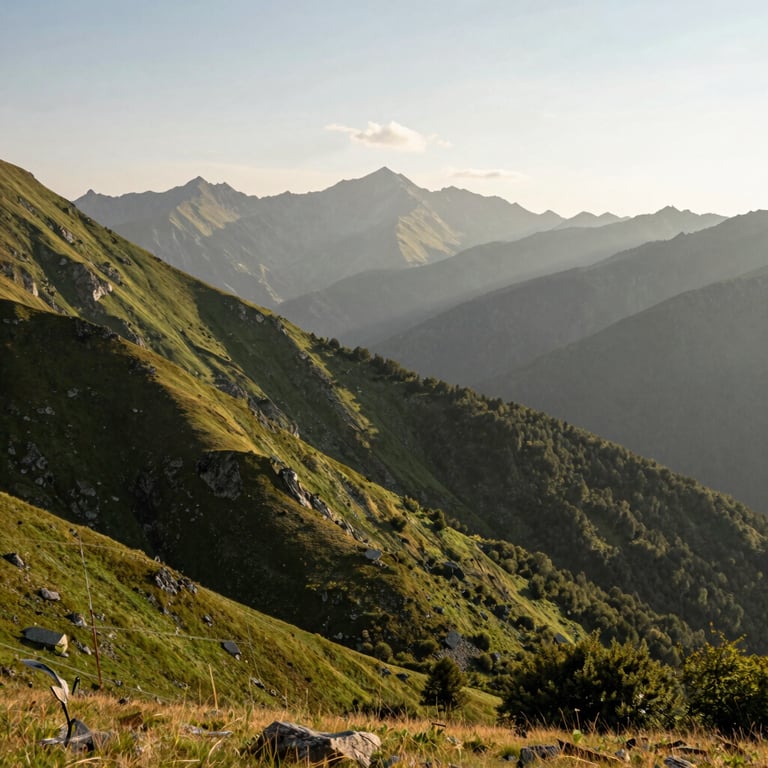 The Albanian mountain landscape at sunrise, soft natural lighting, golden and soft sage green colors.
