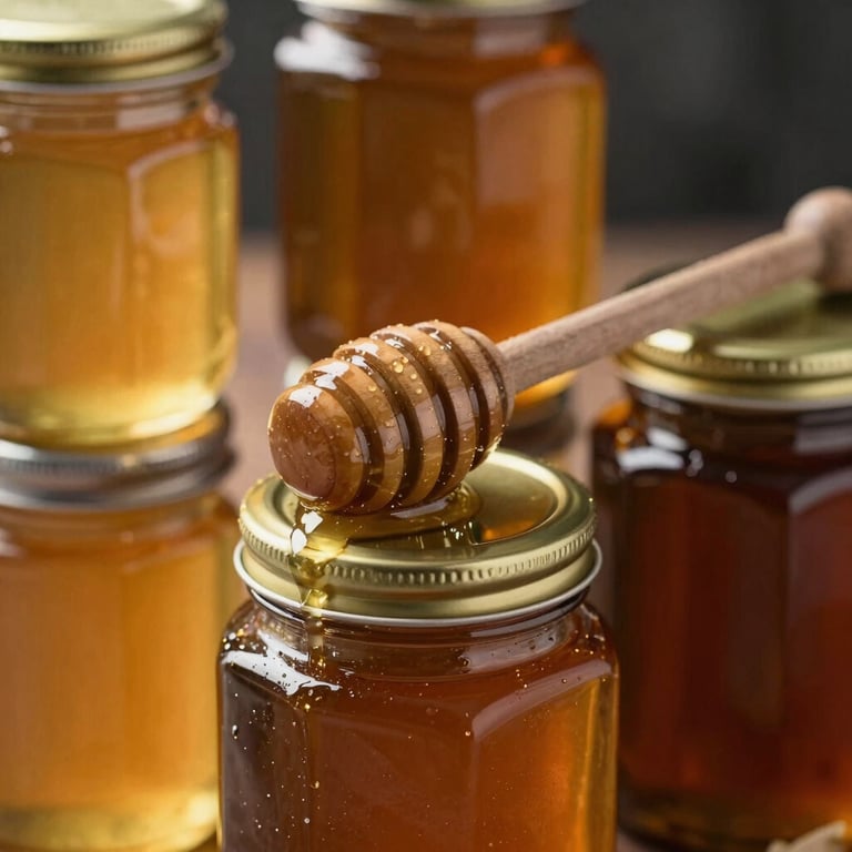 Close-up of a rustic honey dipper resting on a stack of artisan honey jars of various sizes.