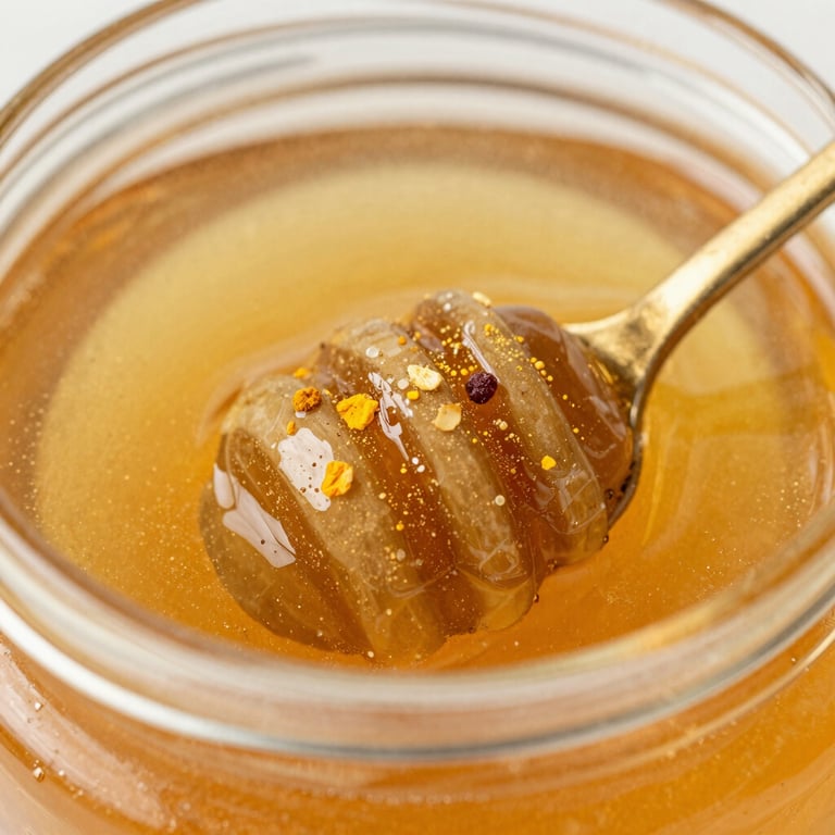 Macro photography of raw honey with natural pollen sediment visible, warm honey yellow tones.